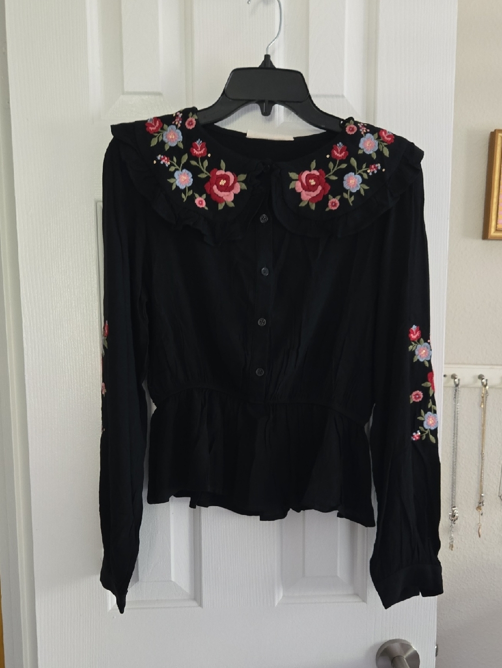 Savanna Jane Black Blouse with Floral Embroidered Collar- Small